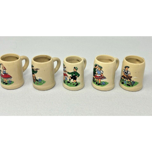 Vintage Miniature German Stein Ceramic/Stoneware Mugs Set of 5 - 2" Tall Tiny - Picture 2 of 9